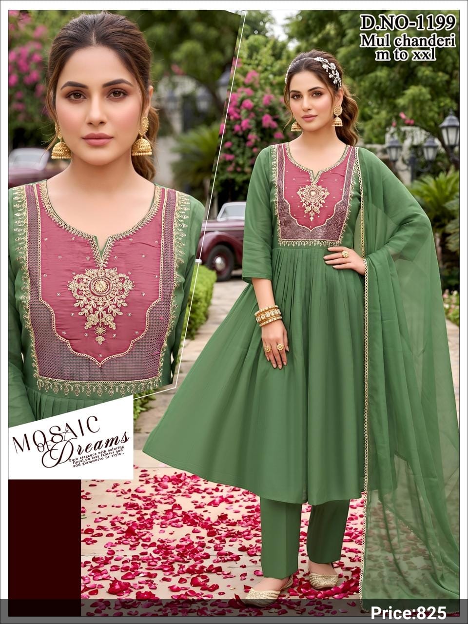 Dusty Rose & Sage Green Embroidered Mul Chanderi Anarkali Suit Set