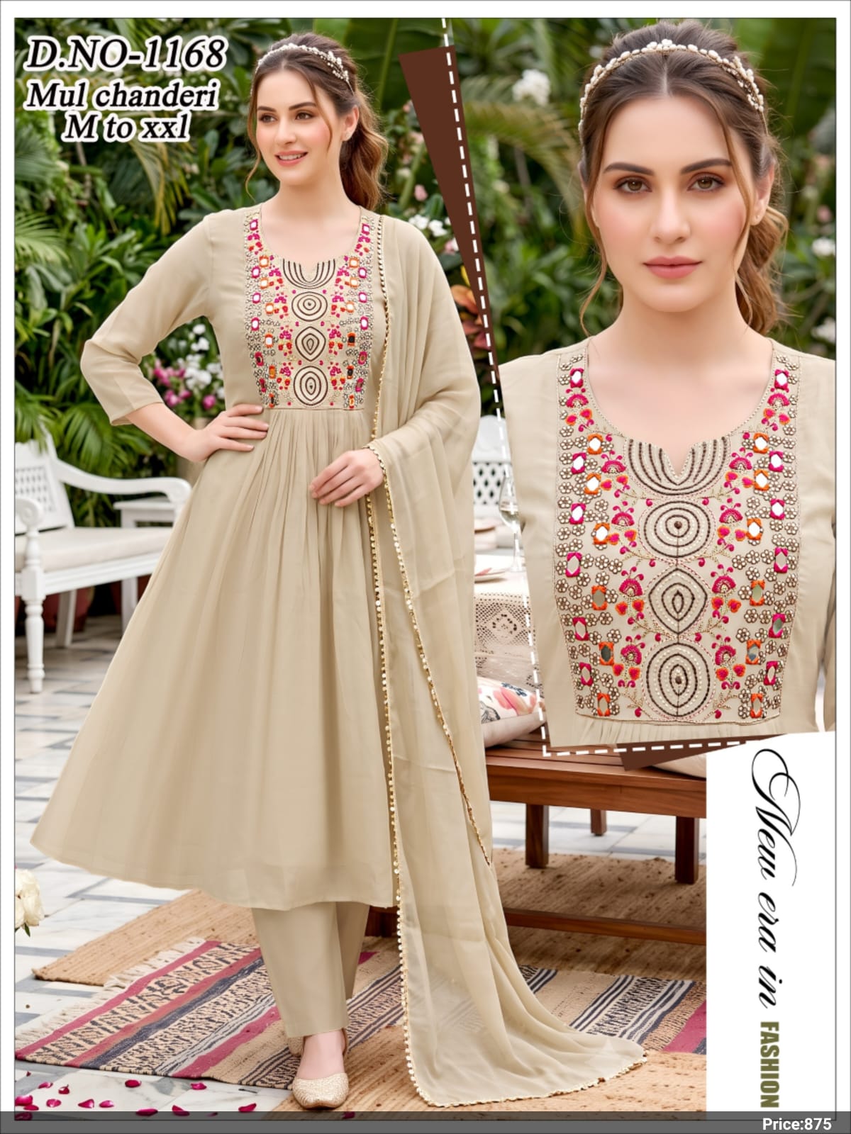 Sage Green Mirror & Thread Embroidered Mul Chanderi Anarkali Suit Set