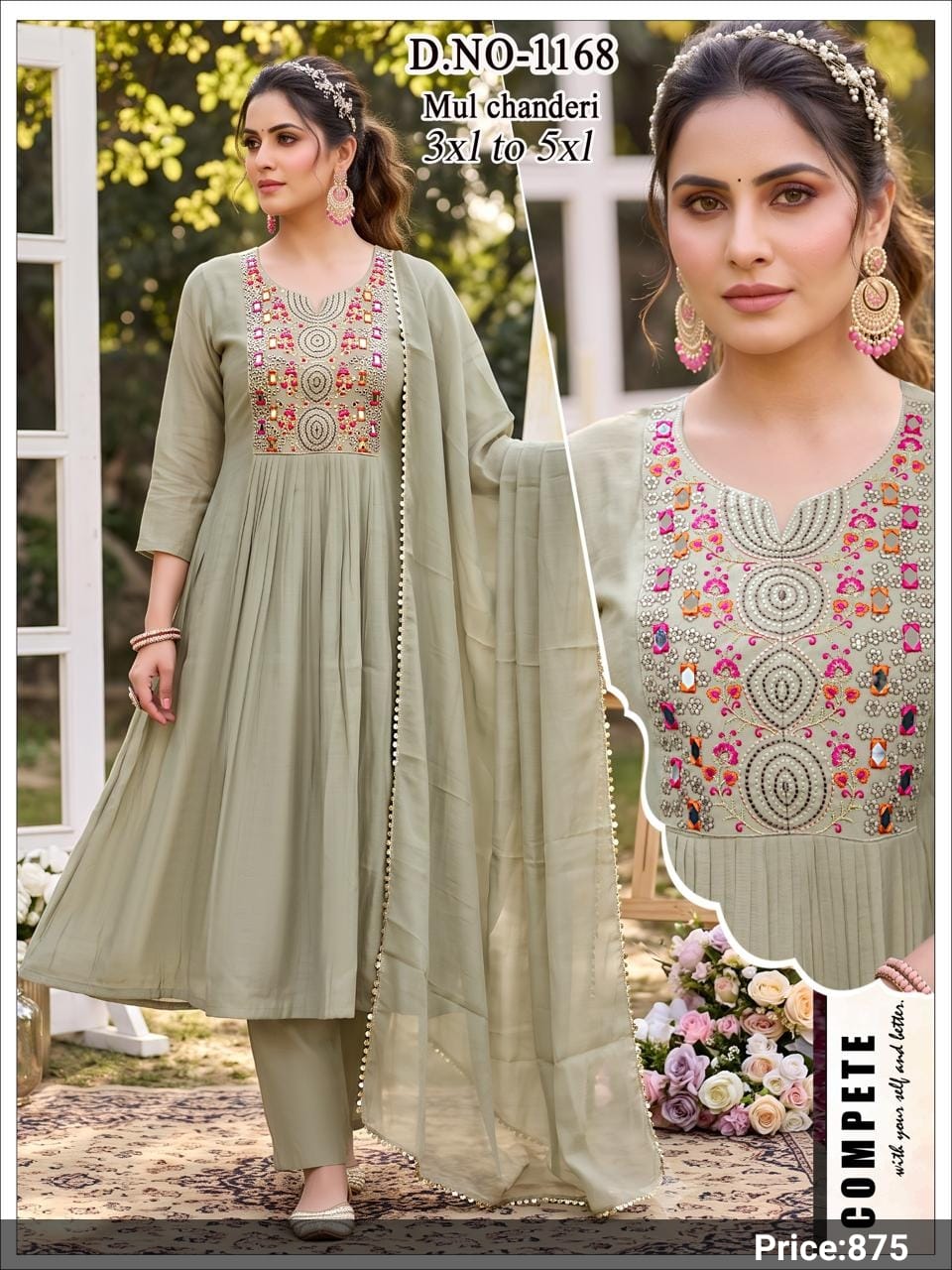 Sage Green Mirror & Thread Embroidered Mul Chanderi Anarkali Suit Set