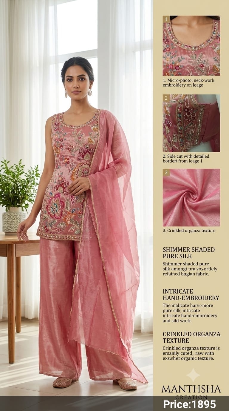 The Shimmer Gold Collection – Floral Hand-Embroidered Fendy Tissue Fabric Sharara / Plazo Suit Set
