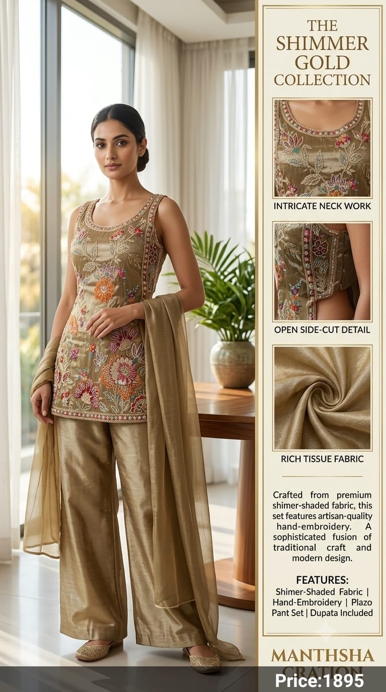 The Shimmer Gold Collection – Floral Hand-Embroidered Fendy Tissue Fabric Sharara / Plazo Suit Set