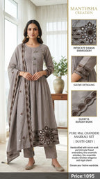 Manthsha Creation Pure Mul Chanderi Embroidered Anarkali Suit Set – Light Blue 3pc