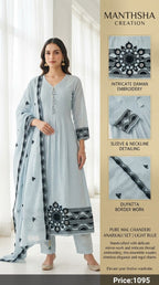 Manthsha Creation Pure Mul Chanderi Embroidered Anarkali Suit Set – Light Blue 3pc