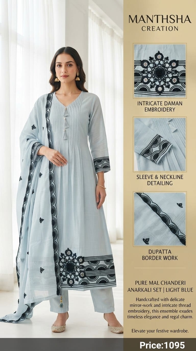 Manthsha Creation Pure Mul Chanderi Embroidered Anarkali Suit Set – Light Blue 3pc