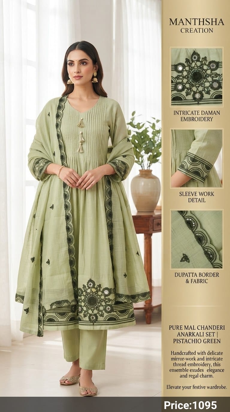 Manthsha Creation Pure Mul Chanderi Embroidered Anarkali Suit Set – Light Blue 3pc