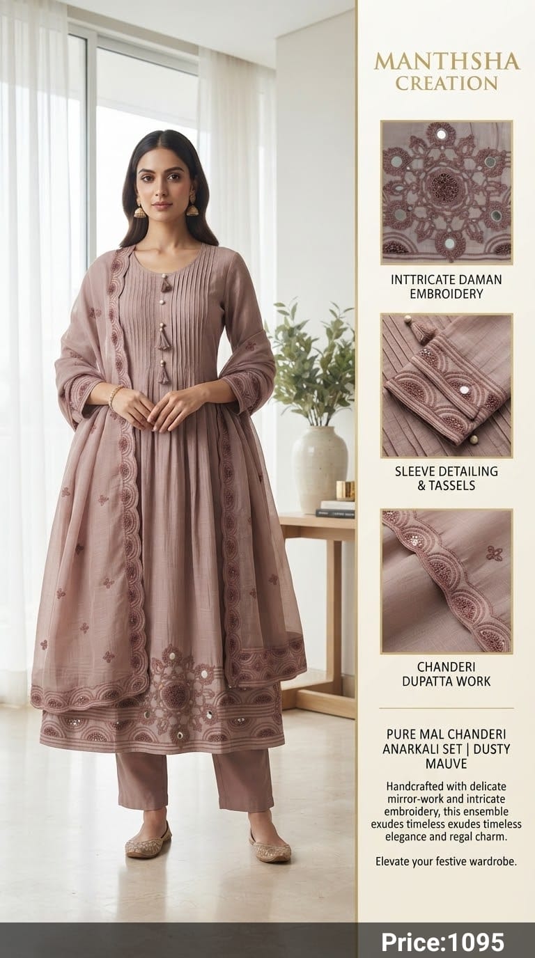 Manthsha Creation Pure Mul Chanderi Embroidered Anarkali Suit Set – Light Blue 3pc
