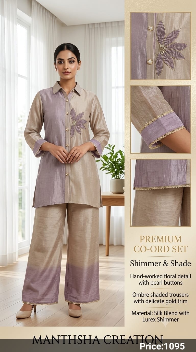Manthsha Creation Premium Shimmer & Shade Hand-Worked Silk Blend Co-Ord Set