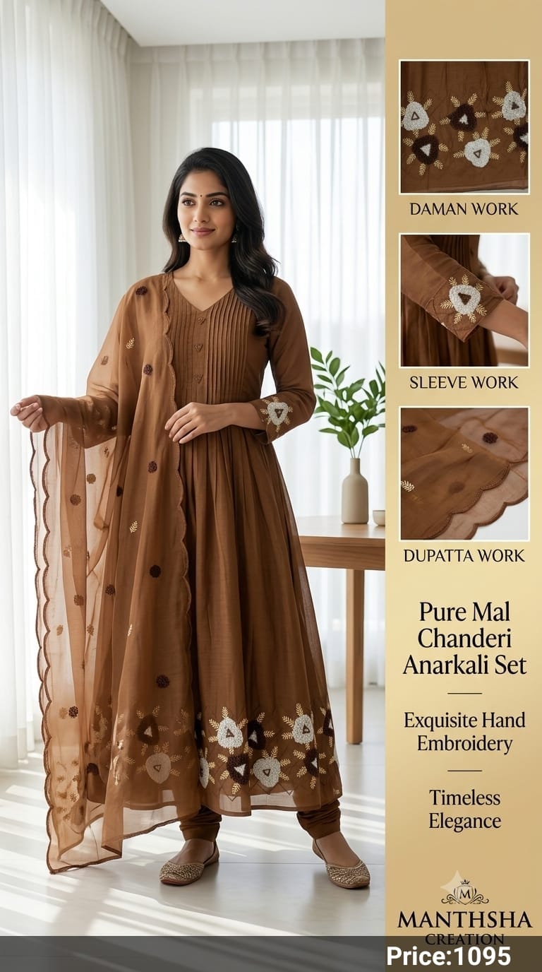 Manthsha Creation Pure Mul Chanderi Hand-Embroidered Anarkali Suit Set – Brown 3pc