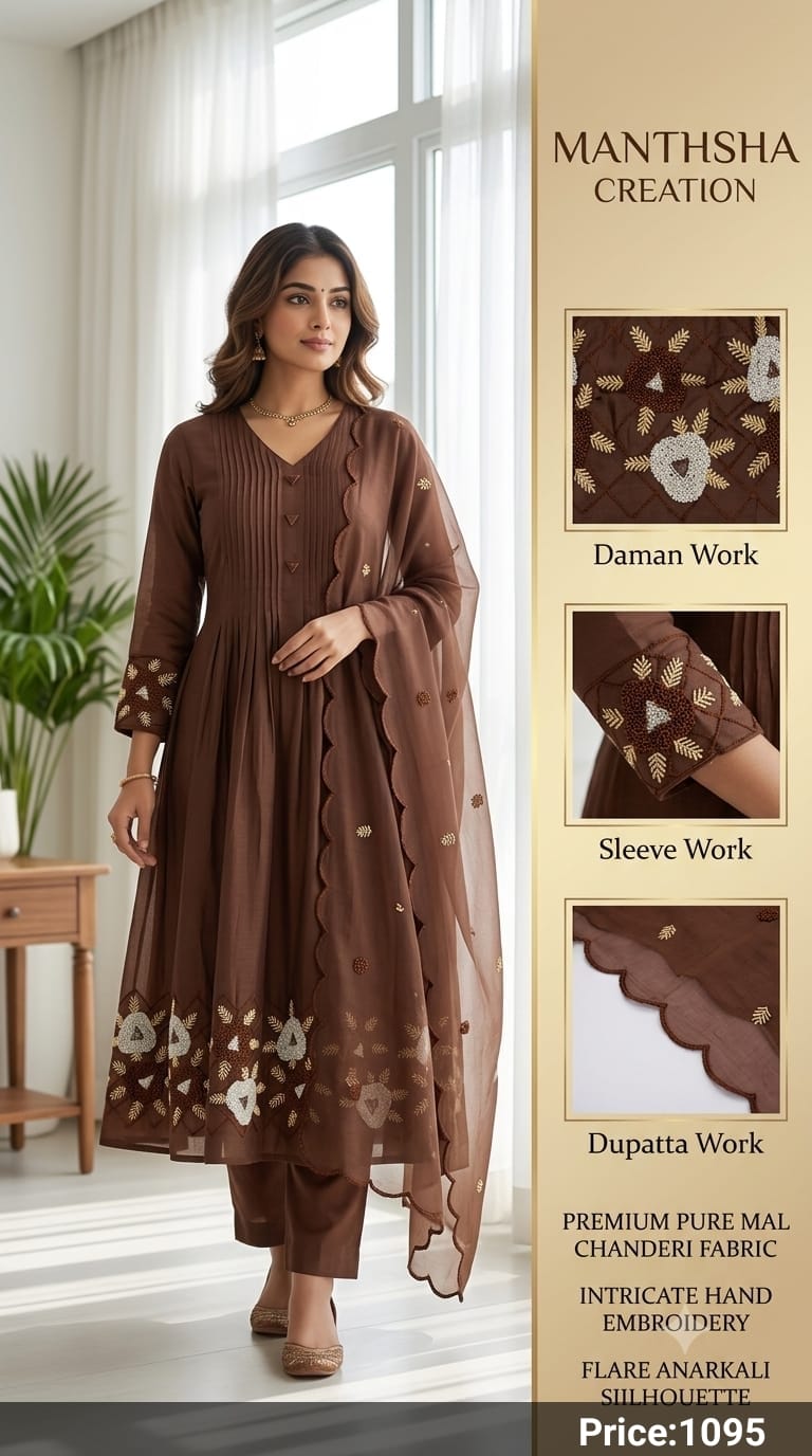 Manthsha Creation Pure Mul Chanderi Hand-Embroidered Anarkali Suit Set – Brown 3pc