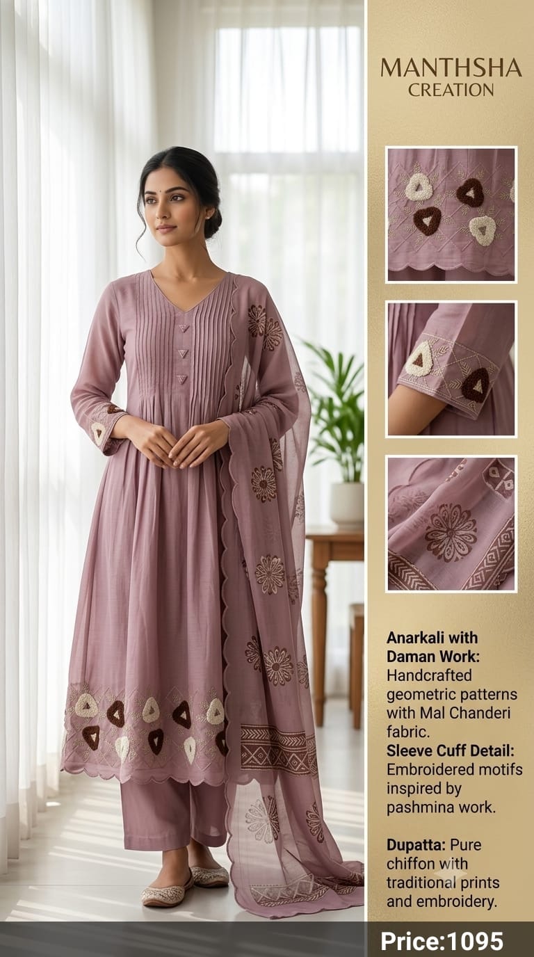 Manthsha Creation Pure Mul Chanderi Hand-Embroidered Anarkali Suit Set – Taupe Grey