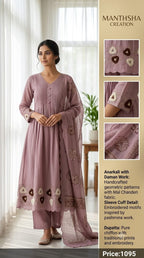 Manthsha Creation Pure Mul Chanderi Hand-Embroidered Anarkali Suit Set – Taupe Grey
