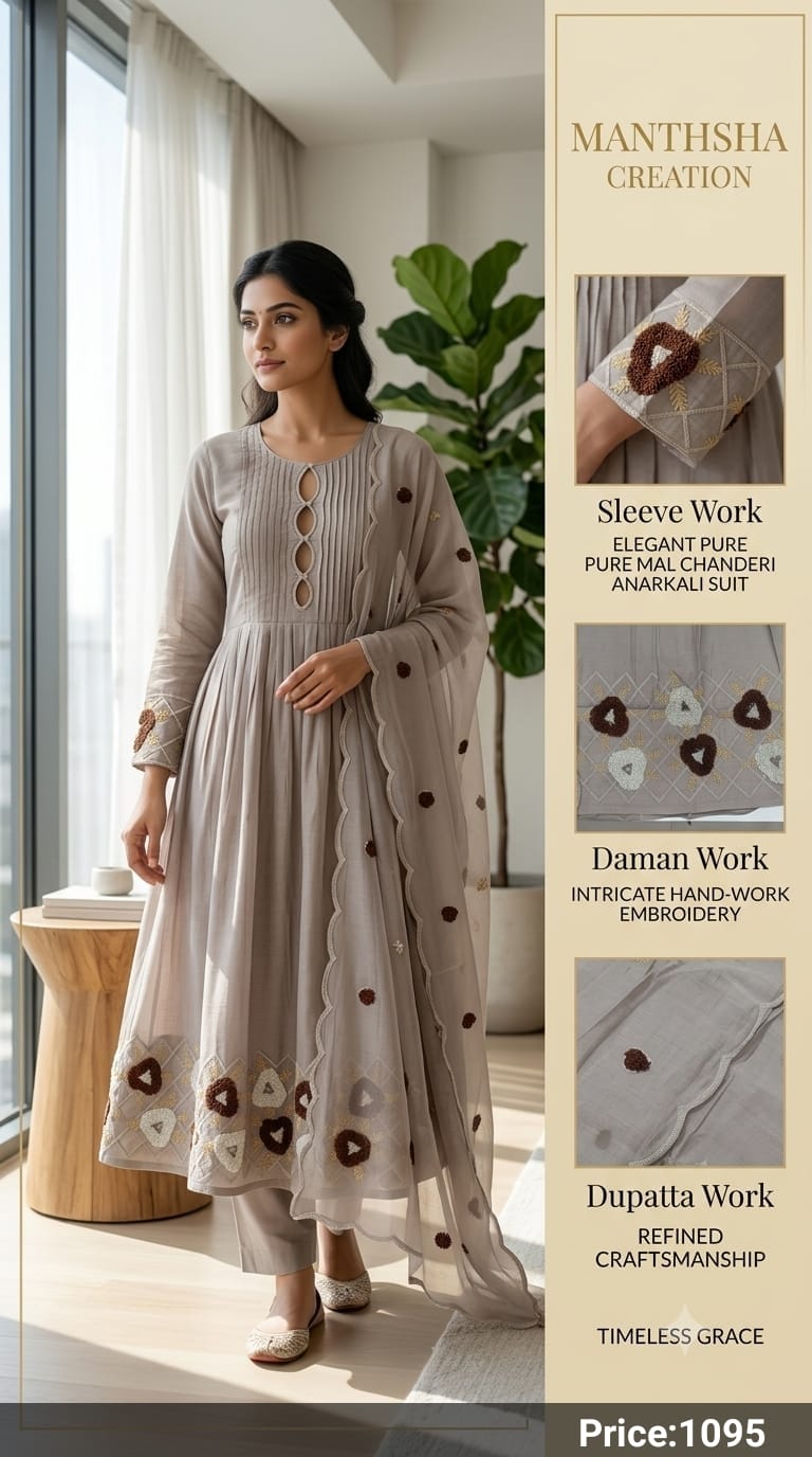 Manthsha Creation Pure Mul Chanderi Hand-Embroidered Anarkali Suit Set – Taupe Grey