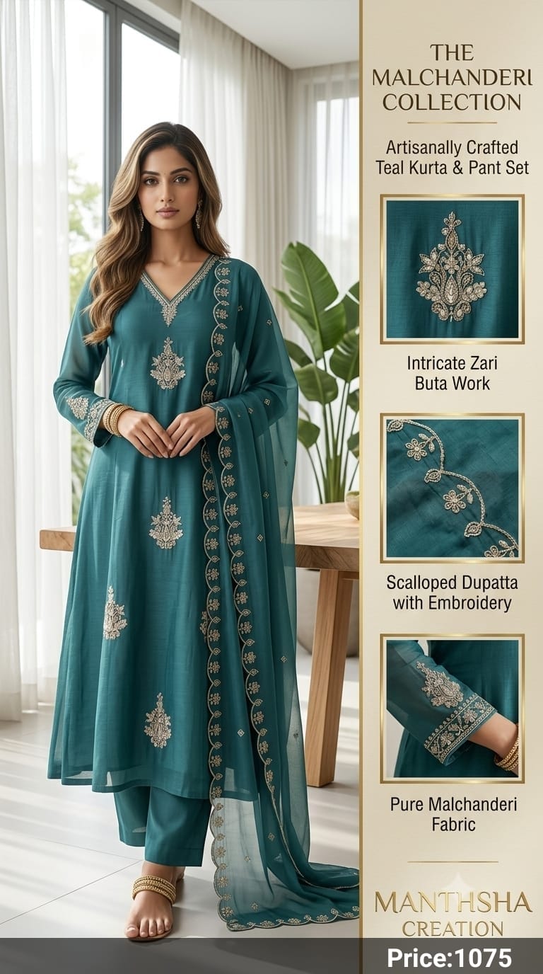 Manthsha Creation Olive Green Crystal Embroidered Mul Chanderi A-Line Suit Set