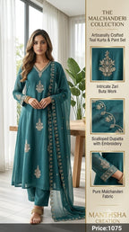 Manthsha Creation Olive Green Crystal Embroidered Mul Chanderi A-Line Suit Set