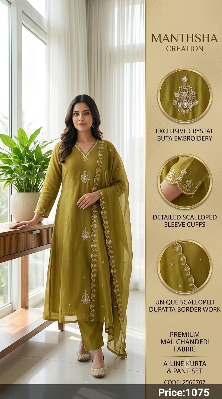 Manthsha Creation Olive Green Crystal Embroidered Mul Chanderi A-Line Suit Set