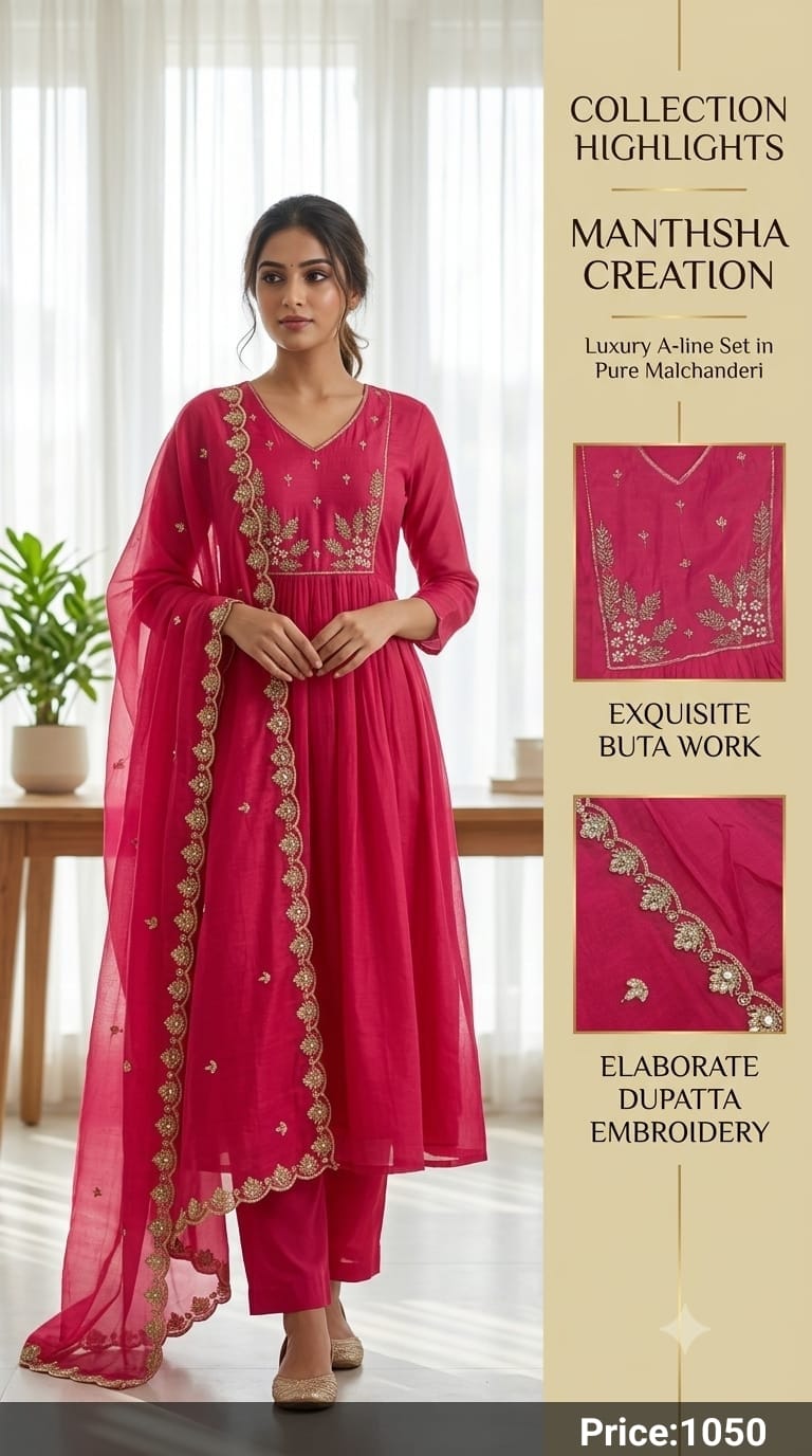 Manthsha Creation Pure Malchanderi Embroidered Luxury A-Line Suit Set