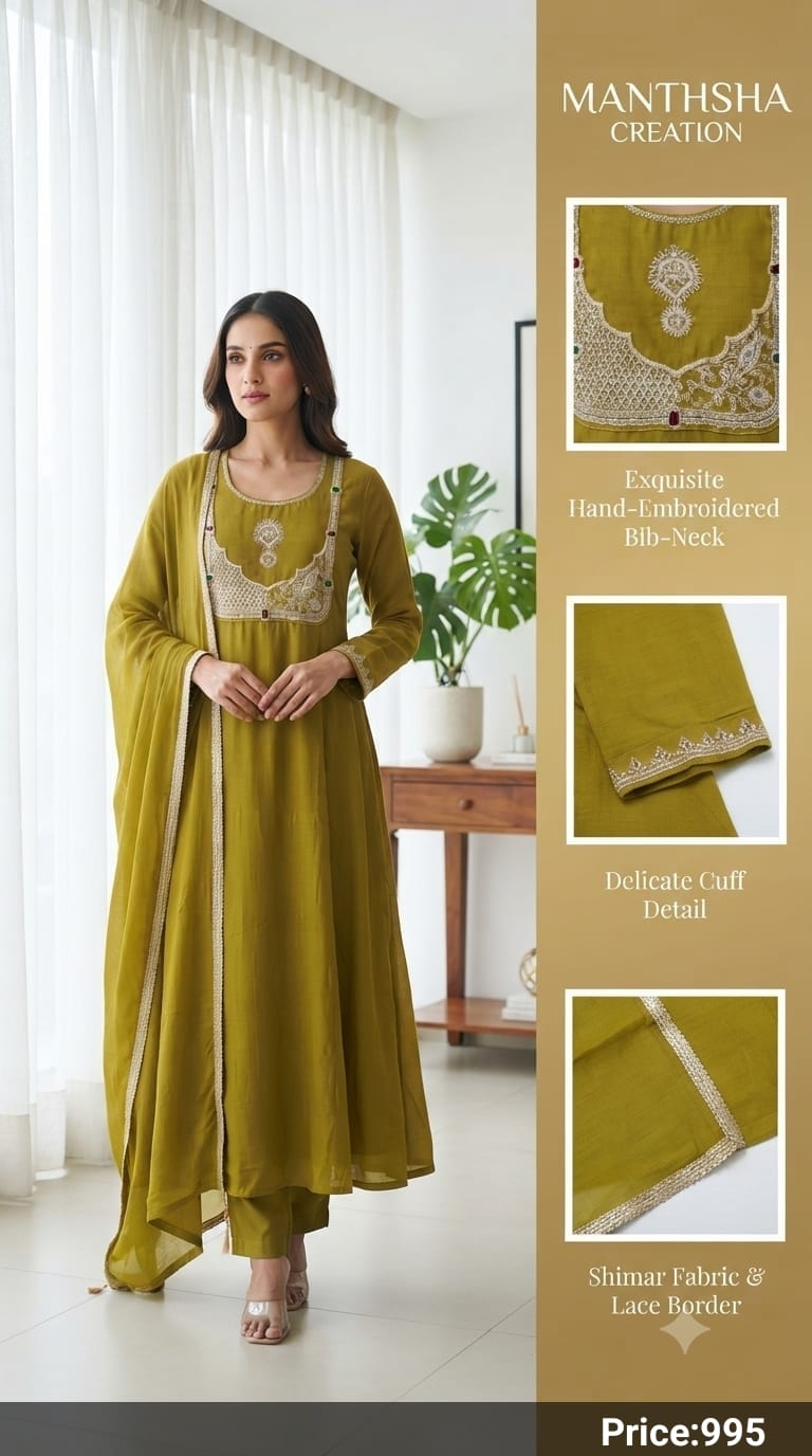 Manthsha Creation Wine Purple Bib-Neck Embroidered Anarkali Suit Set 3pc