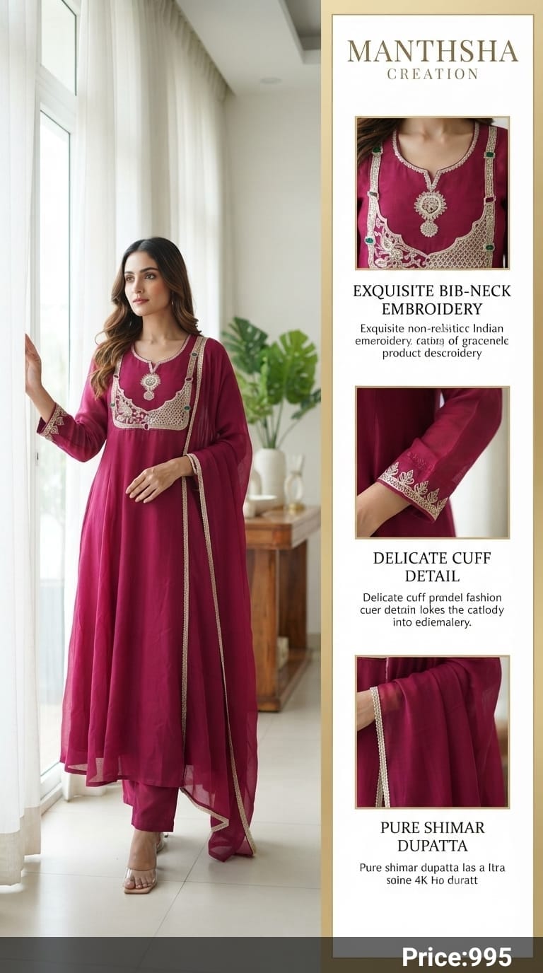 Manthsha Creation Wine Purple Bib-Neck Embroidered Anarkali Suit Set 3pc