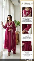 Manthsha Creation Wine Purple Bib-Neck Embroidered Anarkali Suit Set 3pc