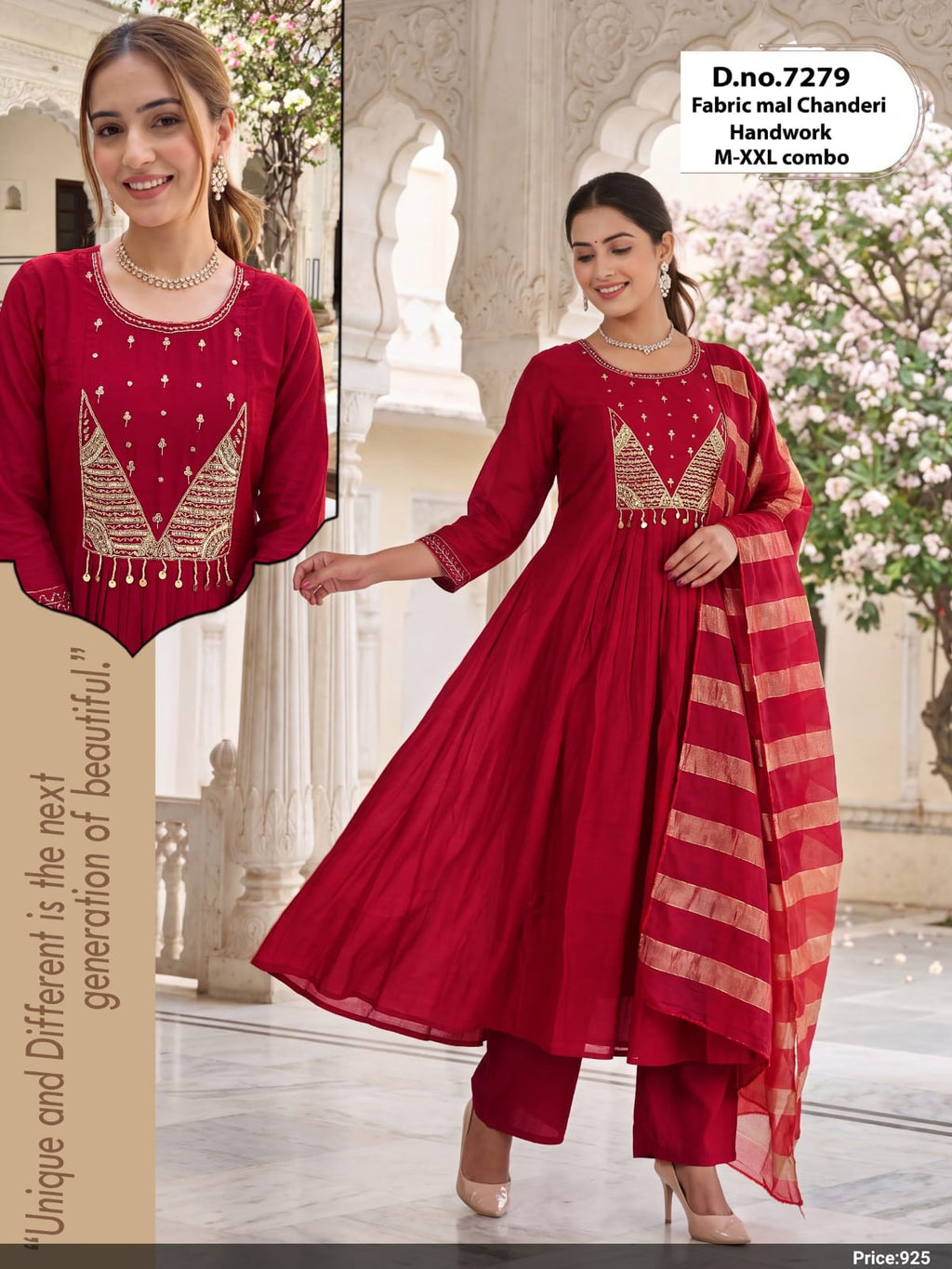 Crimson Red Handwork Mul Chanderi Anarkali Suit Set