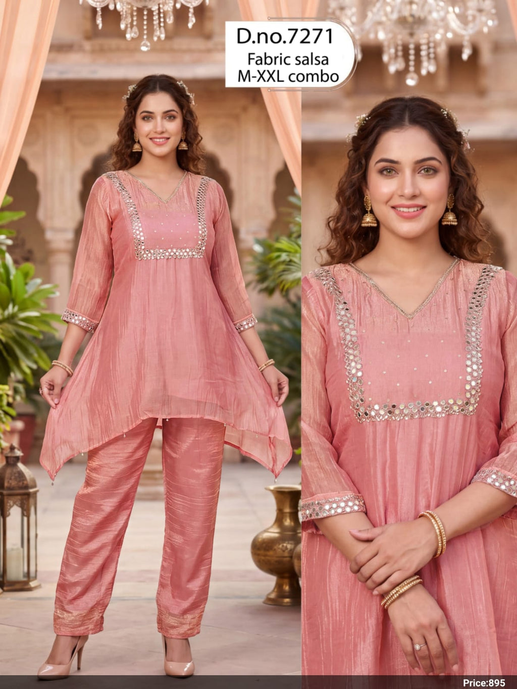 Mirror Work Tissue Fabric Short Kurti & Pants Co-Ord Set