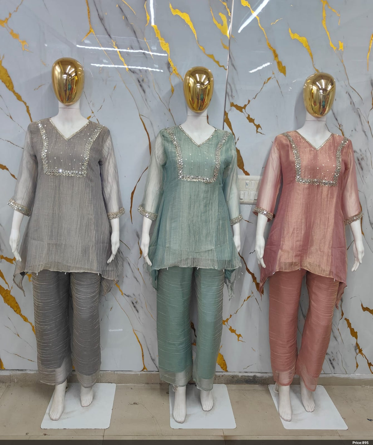 Mirror Work Tissue Fabric Short Kurti & Pants Co-Ord Set