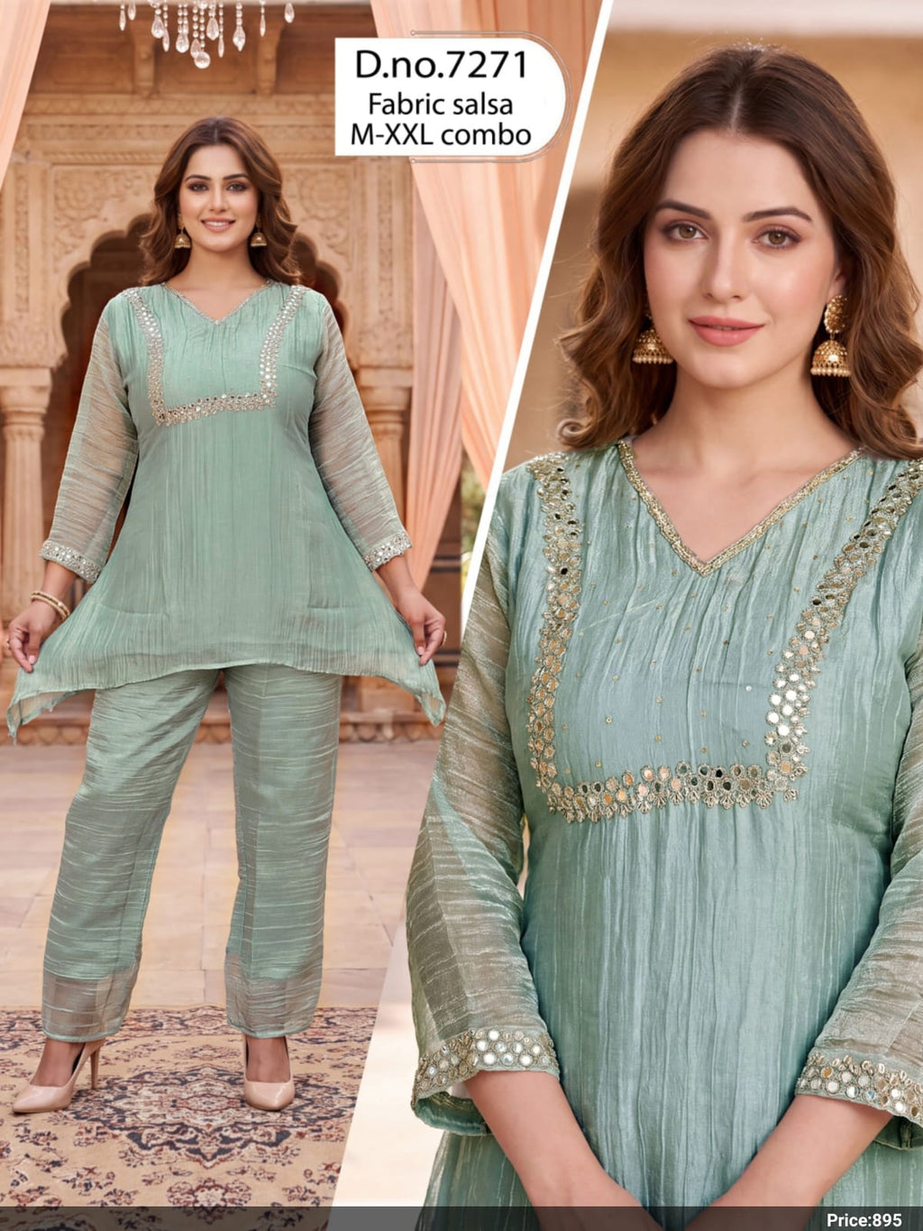 Mirror Work Tissue Fabric Short Kurti & Pants Co-Ord Set
