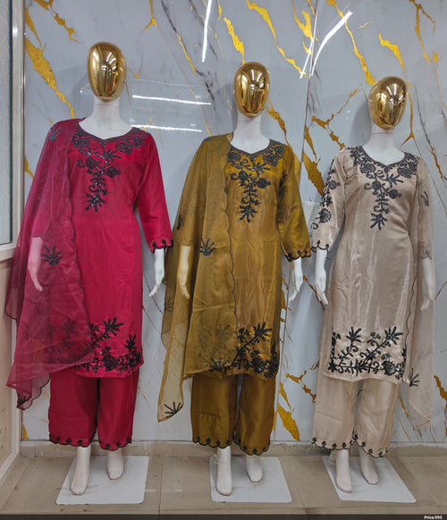 Deep Magenta Roman Silk Embroidered Suit Set with Cut-Work