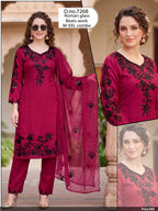 Deep Magenta Roman Silk Embroidered Suit Set with Cut-Work