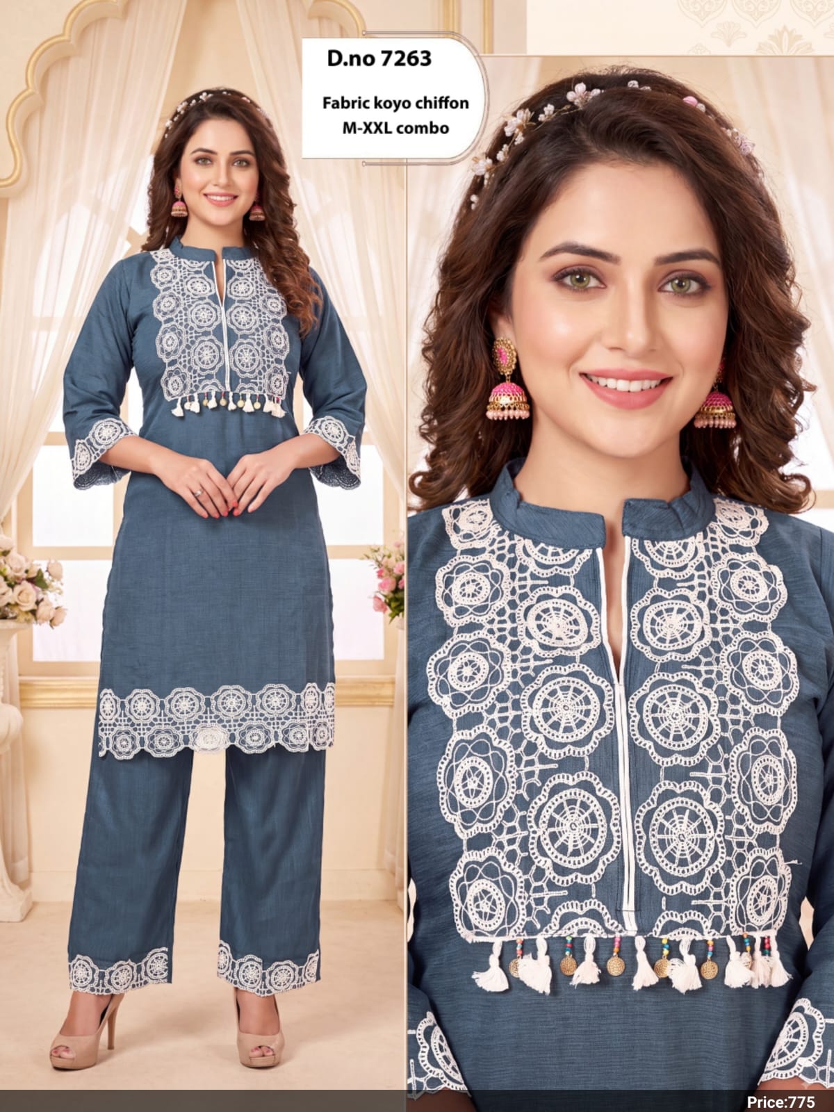 Heavy Crochet Lace Patchwork Kurti & Pant Co-Ord Set