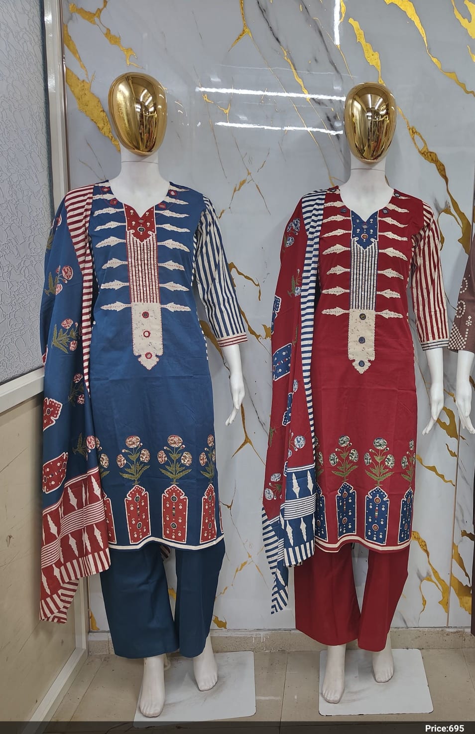 Maroon & Indigo Dhabu Cotton Mill Print Suit Set with Kantha Work
