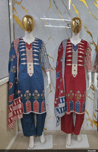 Maroon & Indigo Dhabu Cotton Mill Print Suit Set with Kantha Work