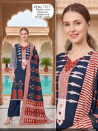 Maroon & Indigo Dhabu Cotton Mill Print Suit Set with Kantha Work
