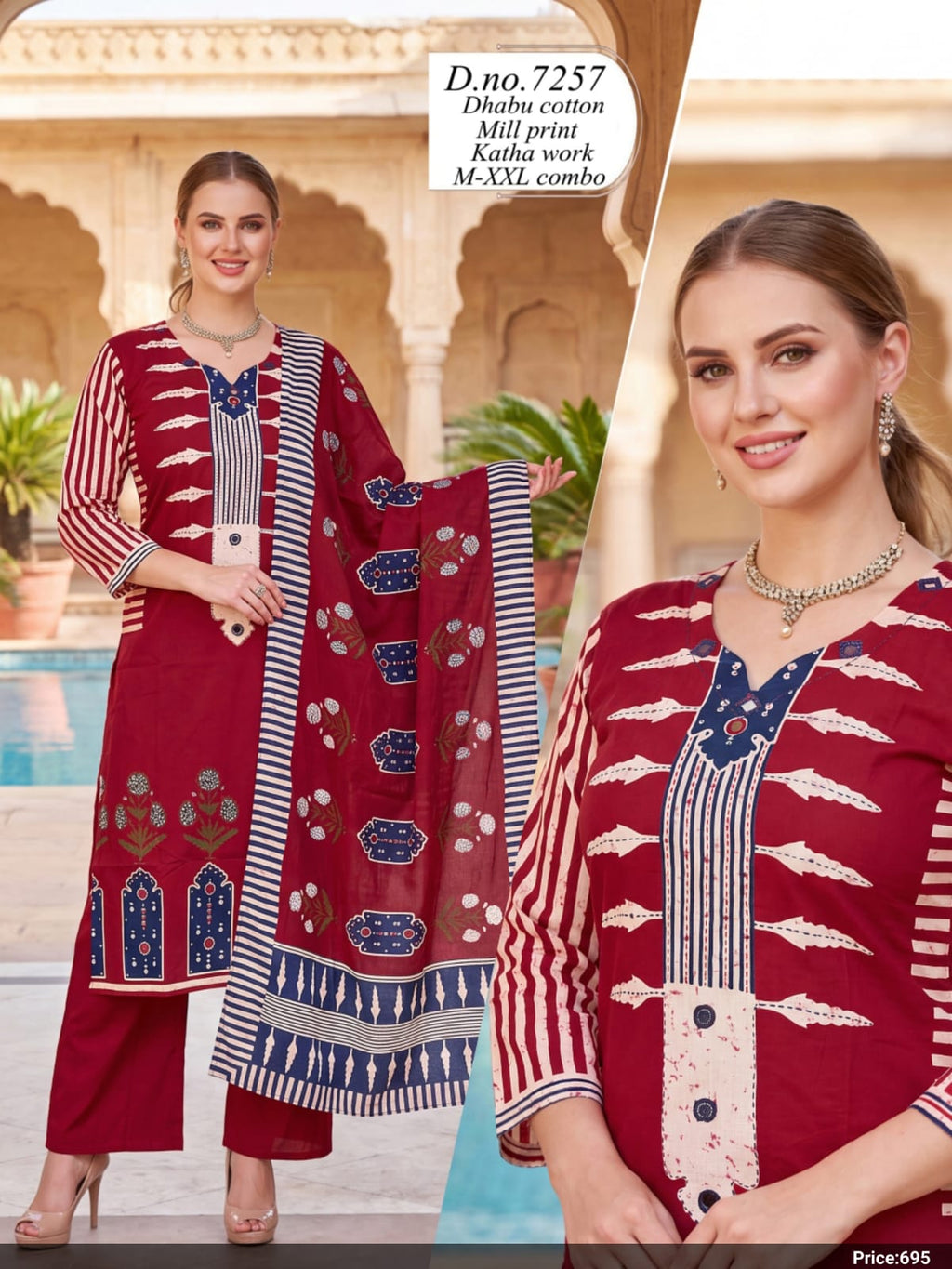 Maroon & Indigo Dhabu Cotton Mill Print Suit Set with Kantha Work