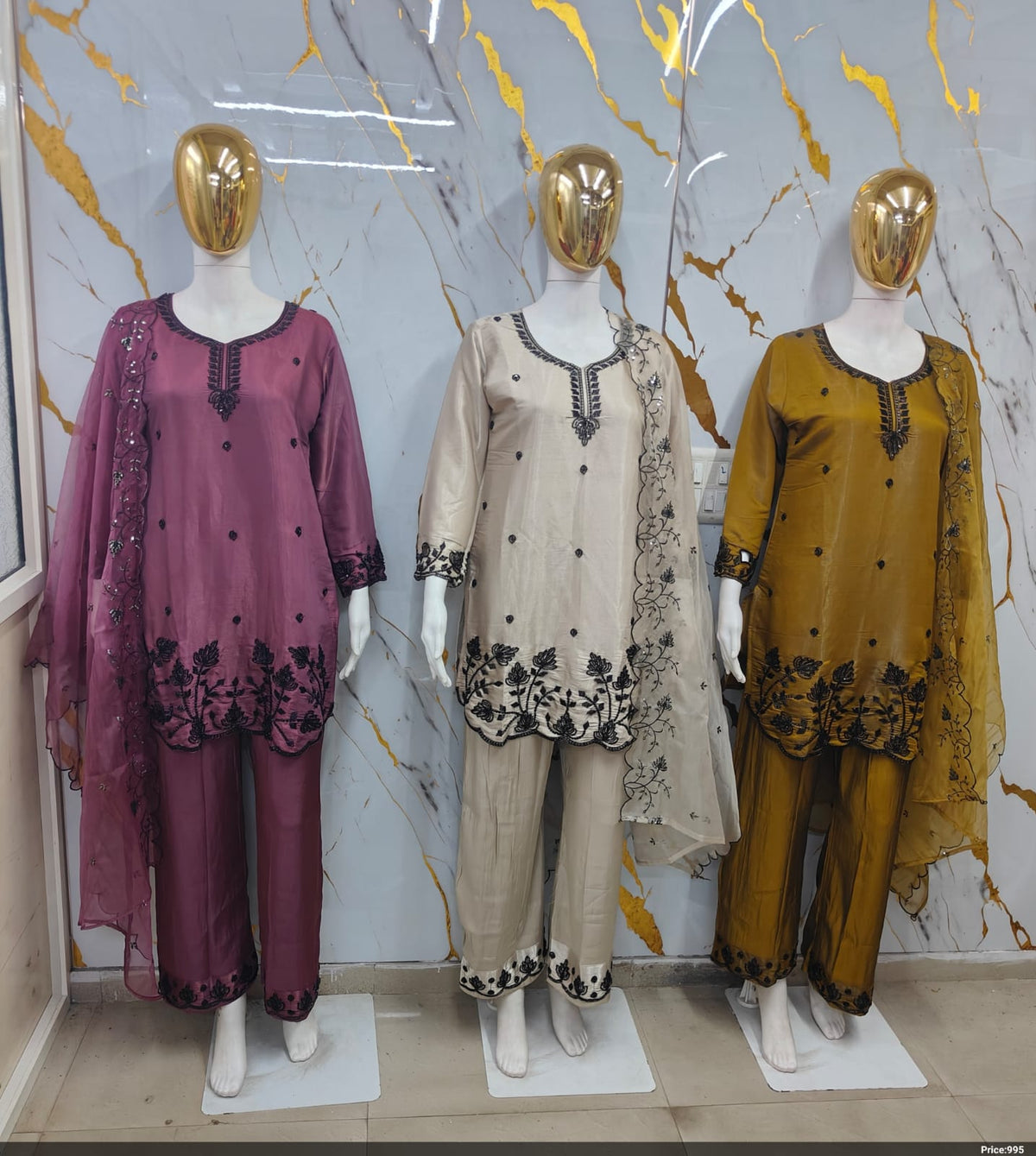 Roman Silk Cut-Work Embroidered Tunic & Pant Suit Set