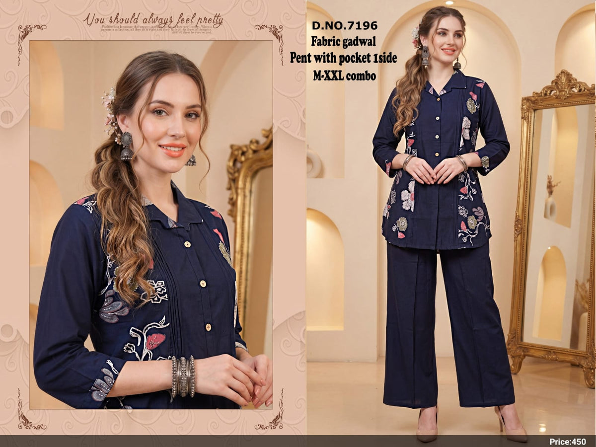 Navy Blue Printed Gadwal Silk Kurti & Pant Co-Ord Set