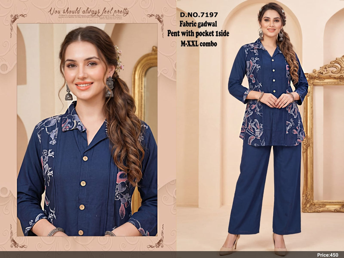 Navy Blue Printed Gadwal Silk Kurti & Pant Co-Ord Set