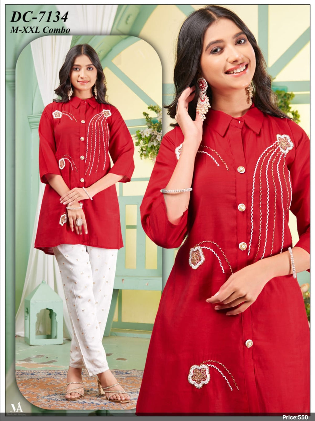Magenta Pink Embroidered Shirt-Style Tunic Kurti & Printed Pant Co-Ord Set