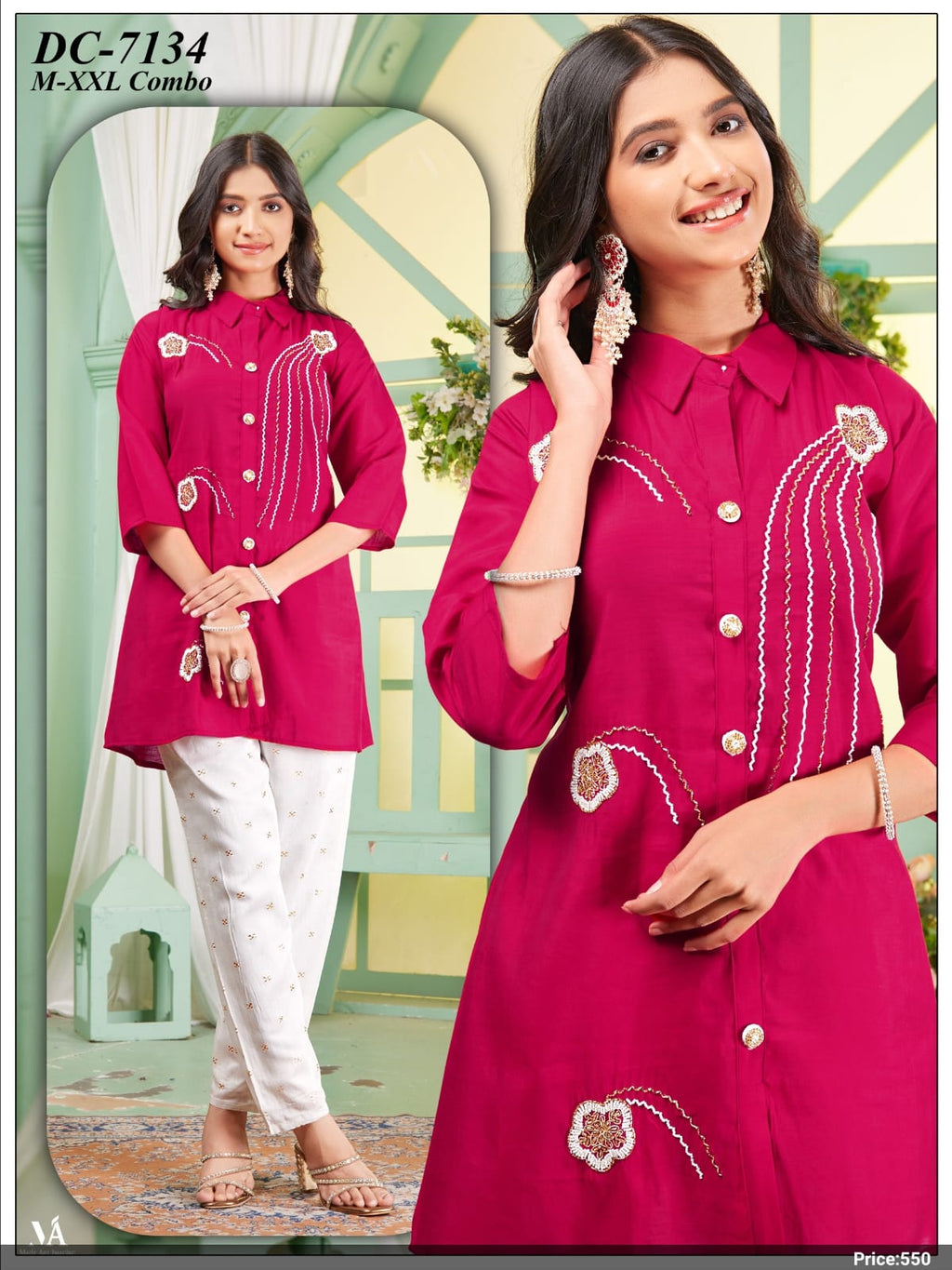 Magenta Pink Embroidered Shirt-Style Tunic Kurti & Printed Pant Co-Ord Set
