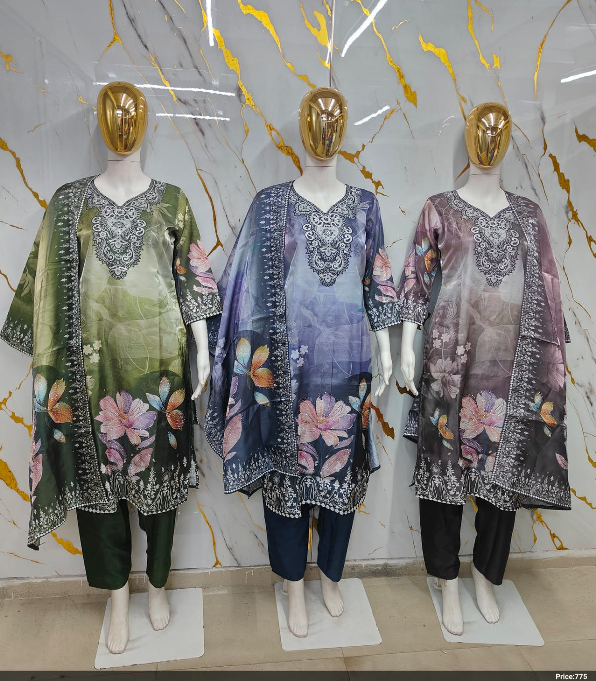 Digital Floral Printed Silk Suit Set with Embroidered Yoke & Matching Dupatta