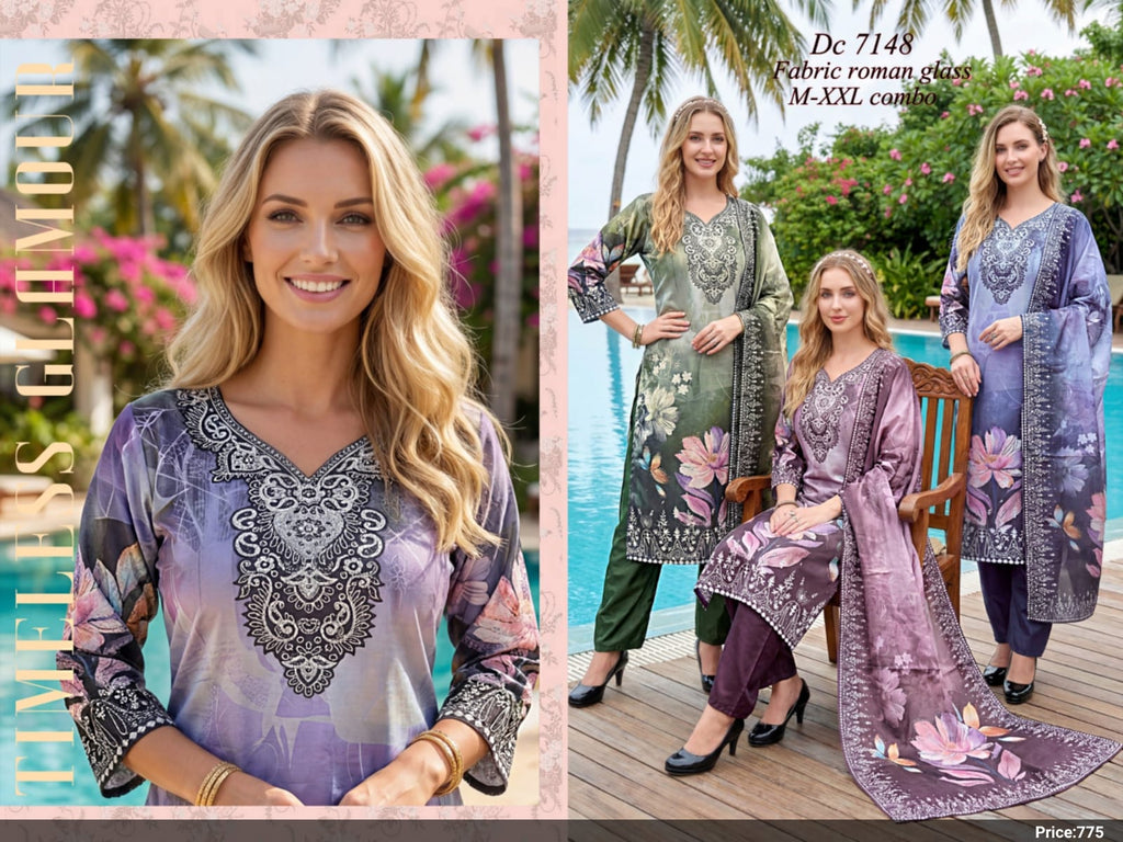 Digital Floral Printed Silk Suit Set with Embroidered Yoke & Matching Dupatta