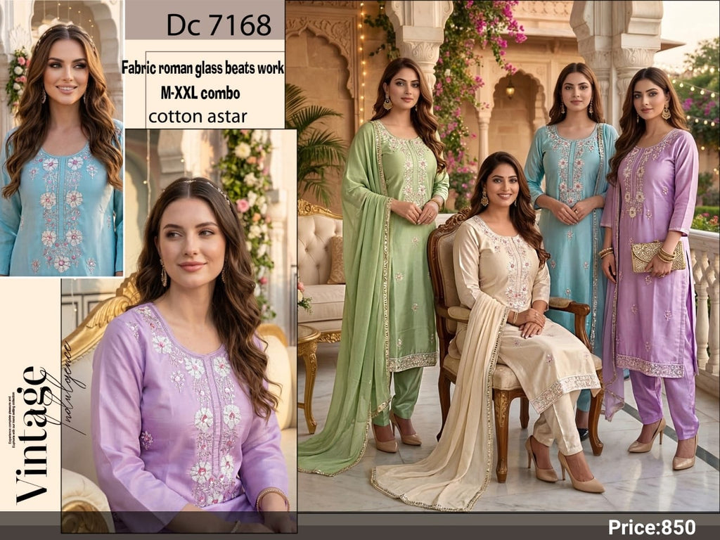 Pastel Silk Embroidered Kurti with Pant & Dupatta Suit Set 3pc
