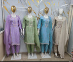 Pastel Silk Embroidered Kurti with Pant & Dupatta Suit Set 3pc