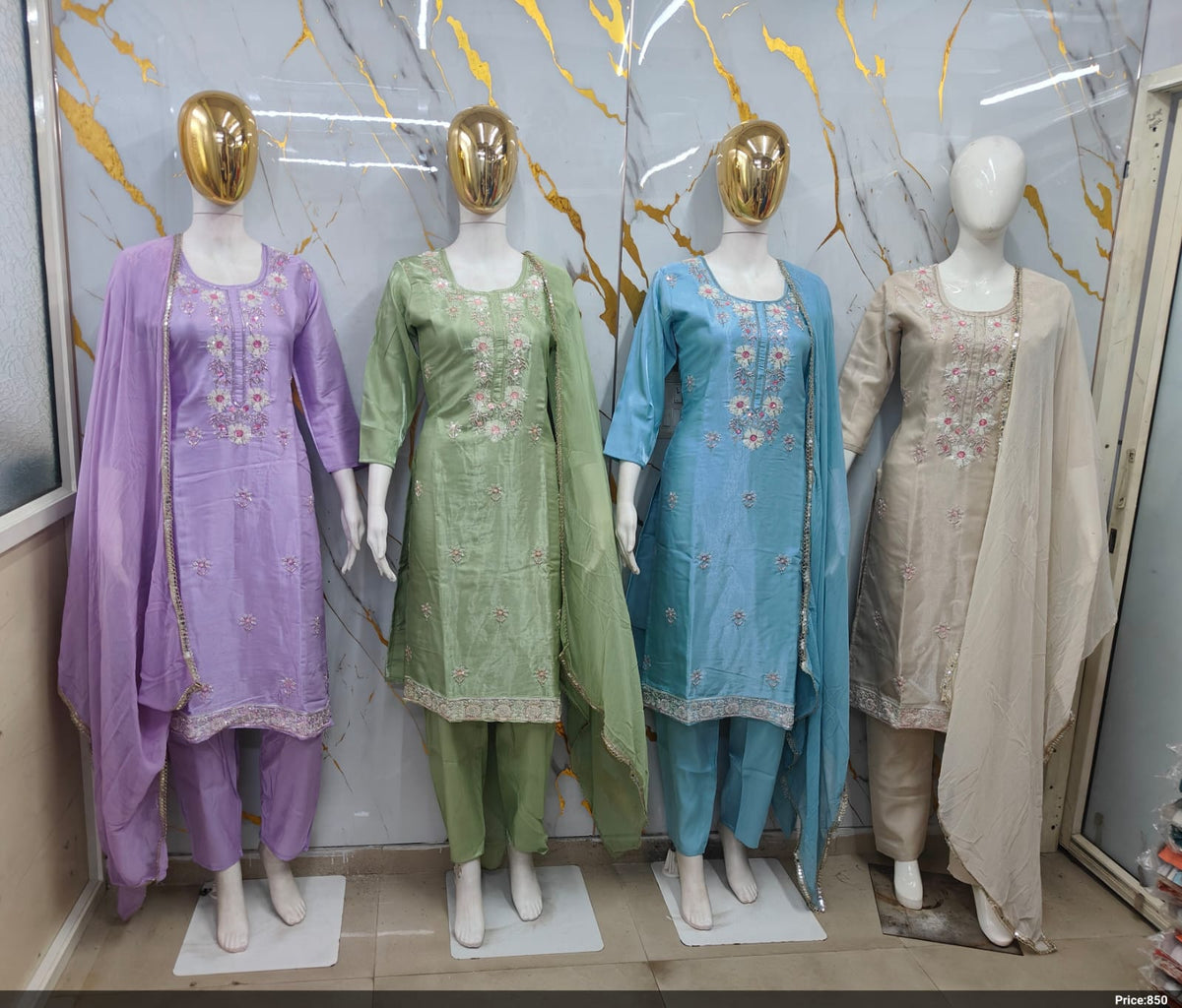 Pastel Silk Embroidered Kurti with Pant & Dupatta Suit Set 3pc