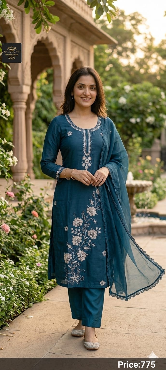 Rich Silk Floral Embroidered Kurti with Pant & Dupatta Suit Set