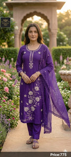 Rich Silk Floral Embroidered Kurti with Pant & Dupatta Suit Set