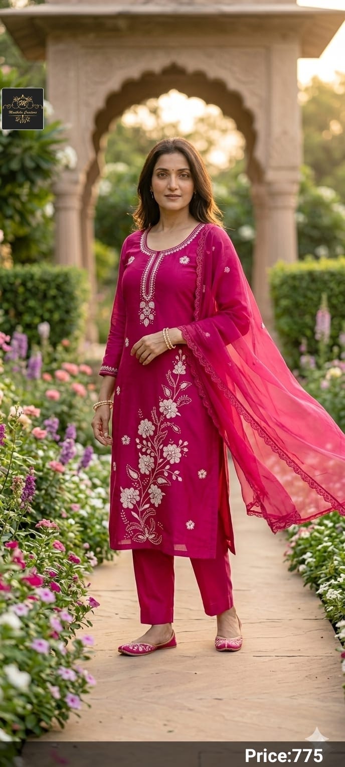 Rich Silk Floral Embroidered Kurti with Pant & Dupatta Suit Set