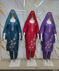 Rich Silk Floral Embroidered Kurti with Pant & Dupatta Suit Set