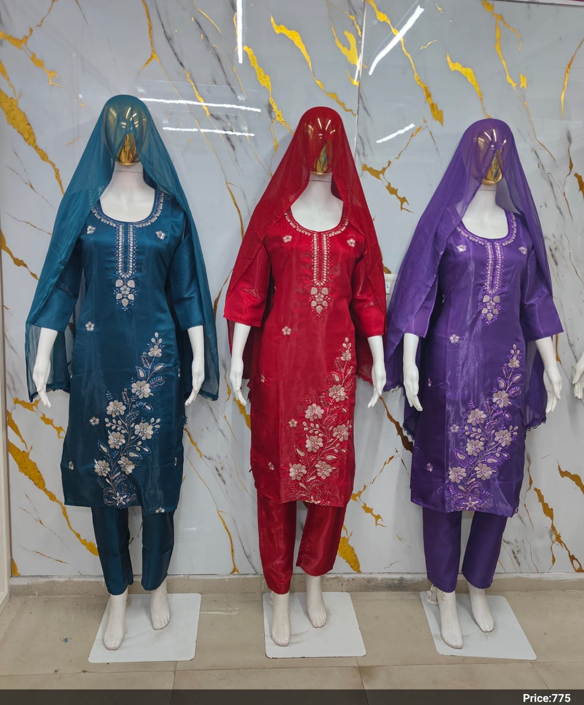 Rich Silk Floral Embroidered Kurti with Pant & Dupatta Suit Set