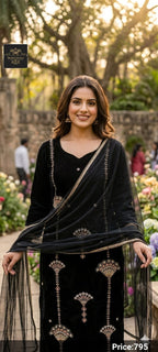 Manthsha Creation Royal Black Embroidered Velvet Straight Suit Set 3pc